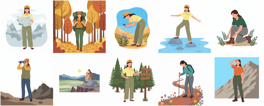 Colorful Flat Style People Hiking and Trekking Outdoor Activity Illustration