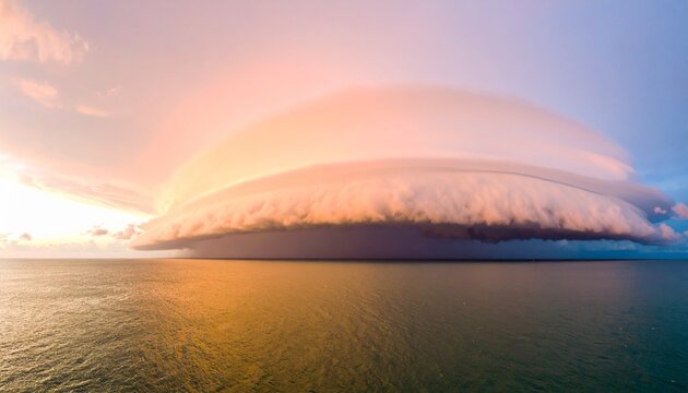 Dramatic sunrise over calm sea with low arcus roll cloud formation