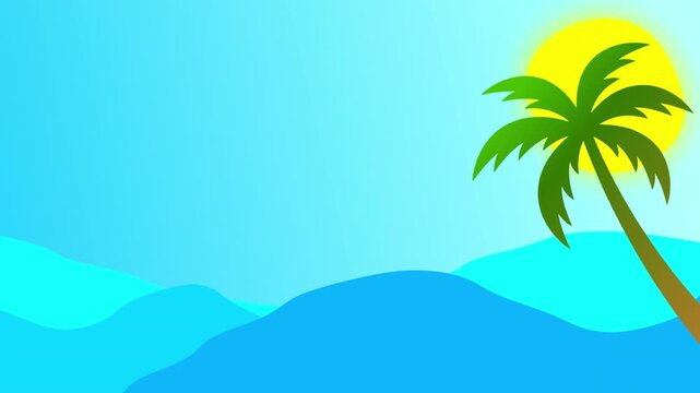 Tropical Beach Background with Palm Tree Silhouette Under a Bright Sun and Blue Sea Waves