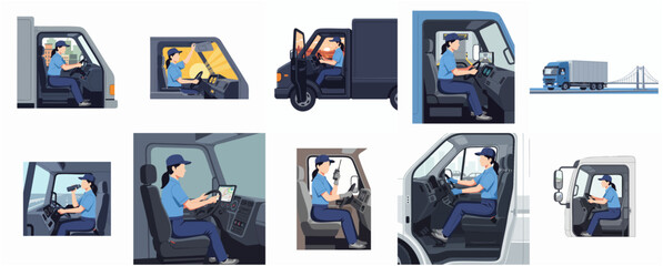 Fototapeta premium Flat Style Truck Driver Inside Vehicle Cabin Various View Illustration