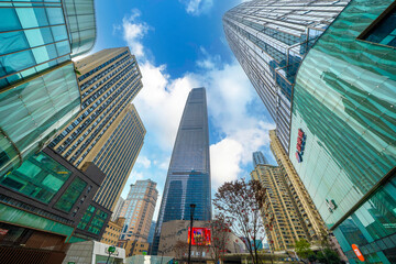 Obraz premium Dramatic low angle view of modern skyscrapers in Chongqing, China, 