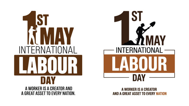 International Labour Day posters with slogans and worker silhouettes on white background