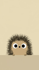 Fototapeta premium A cute cartoon hedgehog peeking over a surface with big round eyes and soft brown fur against a beige background