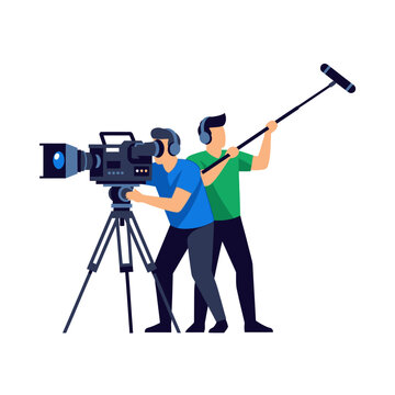 Filmmaking crew operating professional camera and boom microphone on tripod