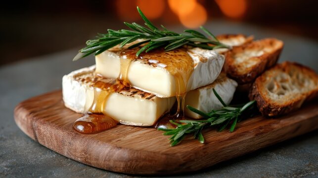 Melted brie cheese topped with honey and fresh herbs is beautifully arranged with crispy bread, creating an inviting and delicious gourmet snack perfect for gatherings.