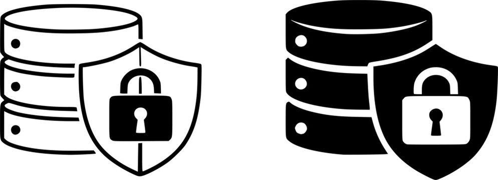 Database Security with Shield and Lock Data Protection Cybersecurity Vector Icon Set
