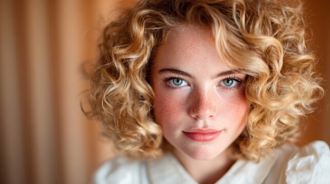 A captivating close-up of a girl with curly hair and freckles expressing subtle emotions invites viewers to appreciate her unique beauty and individuality.