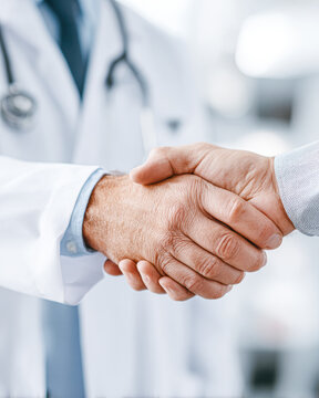 A doctor and a patient are shaking hands, symbolizing trust and agreement in a medical setting.