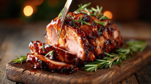 A mouth-watering display of a perfectly roasted meat joint glistening with sauces and garnished with fresh rosemary, set against a rustic wooden background.