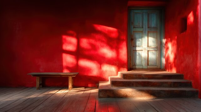 A striking red door illuminated by soft sunlight, showcasing enchanting shadows and textures against a rustic background that evokes a sense of inviting mystery.