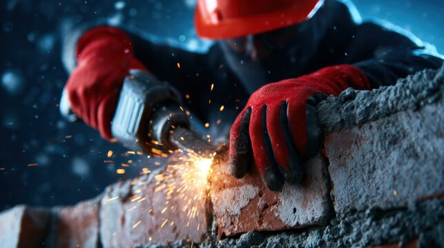 An intense close-up of a construction worker using a power tool on a brick wall at night, surrounded by sparks, highlighting the skill and dedication involved in craftsmanship.