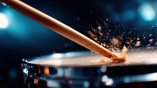 A dynamic shot capturing the precision of a drumstick striking a snare drum, showcasing the energy and rhythm of live music performances or practice sessions.