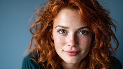 Naklejka premium A captivating portrait of a woman with vibrant curly red hair and freckles gazes directly at the camera, showcasing her natural beauty and charm against a serene blue background.