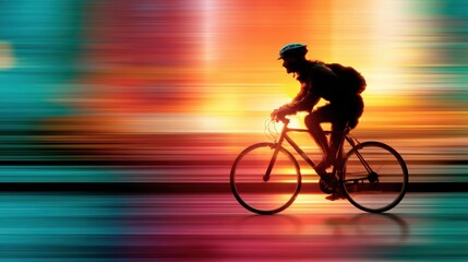 Obraz premium A dynamic shot of a cyclist in motion, riding rapidly with a backdrop of vibrant colors blending and blurring together, emphasizing speed, thrill, and the essence of movement.