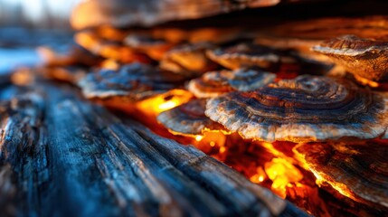 A striking close-up of vibrant tree fungus on a wooden surface, showcasing intricate details and natural patterns that evoke artistry and a connection to nature.