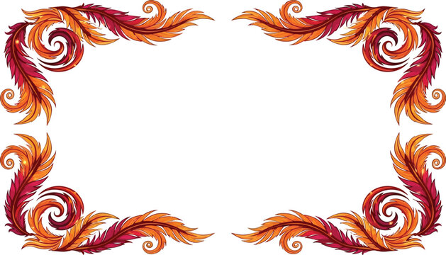 A vibrant and colorful feather frame with swirling patterns in shades of orange, red, and yellow on a white background.