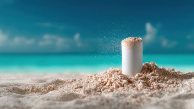 A sunscreen bottle partially buried in soft golden sand, with calm turquoise ocean waves in the background, highlighting the essence of summer and sun protection.
