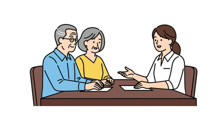 Obraz premium Senior couple having a productive consultation with a female financial advisor or professional business service agent