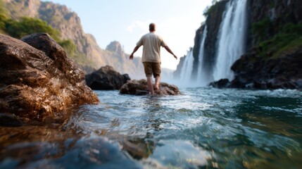 Fototapeta premium A figure stands confidently on a rock in shimmering water, basking in the serene beauty of a majestic waterfall surrounded by lush greenery, representing freedom in nature.