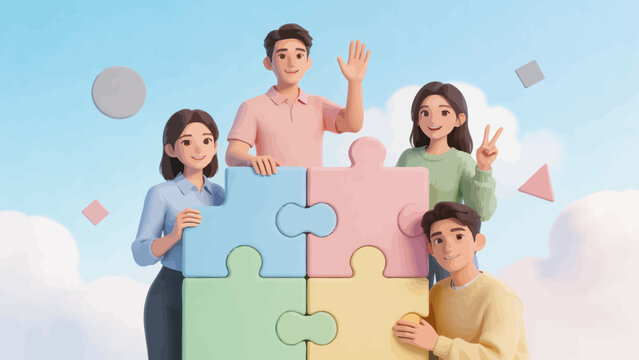 group of animated people holding puzzle pieces