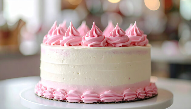 White frosted cake with pink piped icing on round cake, minimalist festive dessert, blurred cafe backdrop, appetizing dessert. Sweet food.