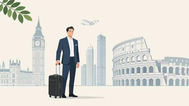 Businessman with suitcase near city landmarks