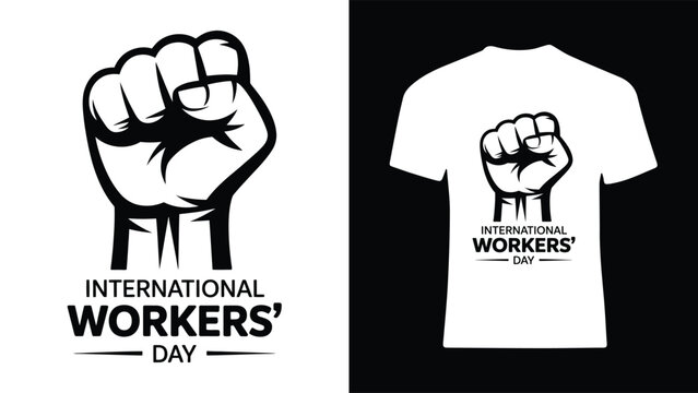 International workers day t shirt and logo design with raised fist  labor union symbol