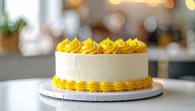 White frosted cake with yellow piped icing on round cake, minimalist festive dessert, blurred cafe backdrop, appetizing dessert. Sweet food.