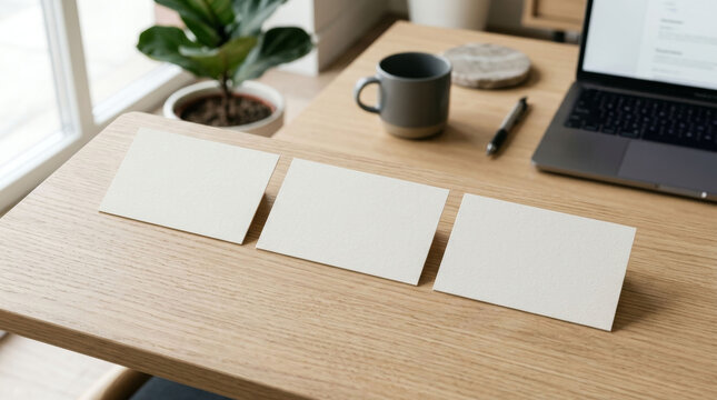 Tres maquetas de tarjetas de visita rectangulares horizontales en blanco para presentaci&oacute;n.