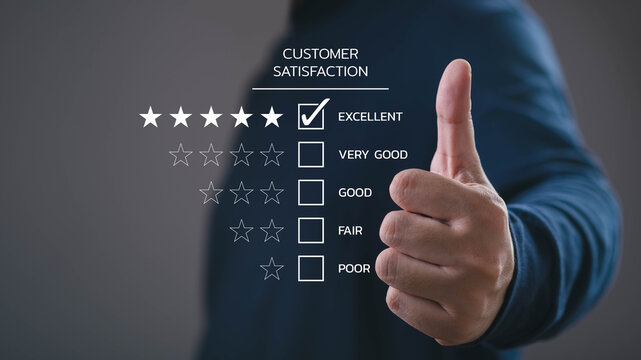 Customer satisfaction survey concept with five star rating and thumbs up gesture. Symbol of positive feedback, excellent service quality, customer experience evaluation, business reputation management
