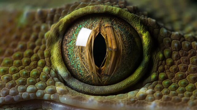 Close-up of gecko eye, reptile skin scales detail, showing texture and color.