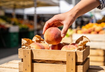 Hand selecting a ripe peach from a wooden crate at an outdoor farmers market, fresh seasonal produce shopping and local agriculture concept in daylight