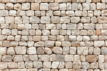 Fototapeta premium A close-up view of a textured stone wall made of roughly rectangular, beige stones arranged in a staggered pattern.