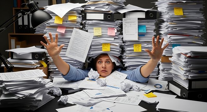 Overwhelmed Person Buried in Paperwork at Office Desk.