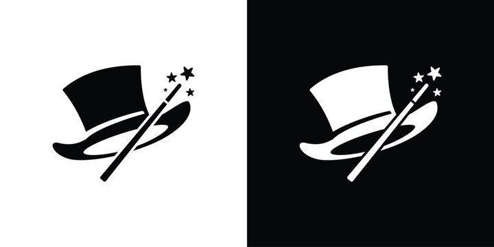Magic hat and wand design: A clever silhouette design presents a magical hat with a wand and stars, perfect for projects involving illusion, showmanship, or fantasy themes.
