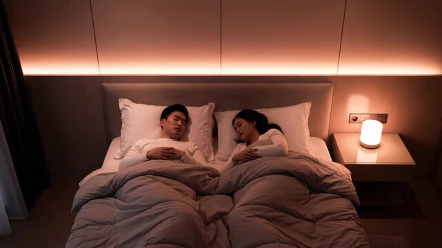 Asian couple sleeping in bed, illuminated by bedside lamp in bedroom at night. Comfortable sleep concept.