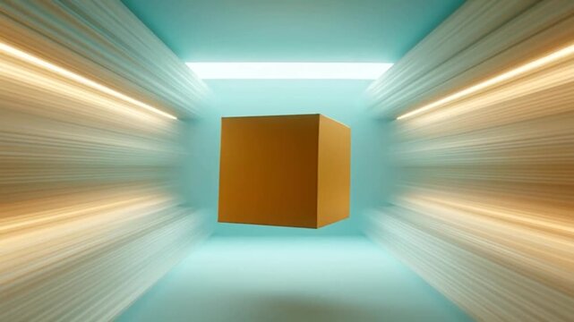 Futuristic Abstract 3D Render of Golden Cube in Glowing Corridor