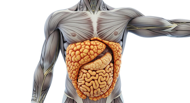Anatomical illustration showcasing the human digestive system, including the intestines and surrounding adipose tissue, within a muscular torso.