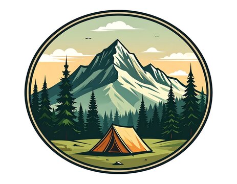 A classic orange tent stands centered in a serene wilderness setting featuring tall evergreen coniferous trees&nbsp;Ai Generative