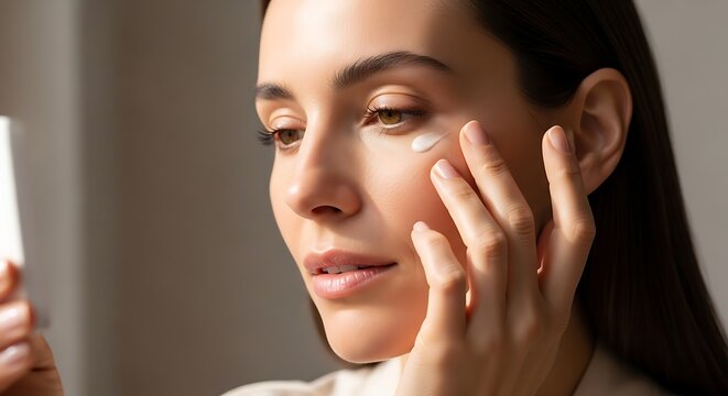 Close-up of a woman applying eye cream, highlighting the importance of skincare and self-care routines for healthy skin
