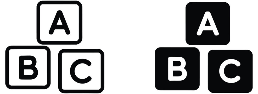 ABC alphabet blocks icon representing learning childhood and education, preschool and kindergarten teaching symbols, literacy development and early education concept, children learning toy block icons