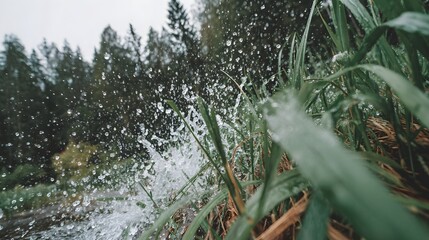 Fototapeta premium Dynamic Water Splashing on Green Grass Surrounded by Forest in a Natural Setting