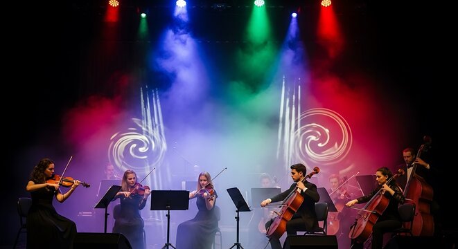 String quartet performing on stage with colorful lighting.