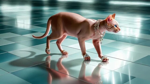 A cat with blue eyes walking on a tiled floor