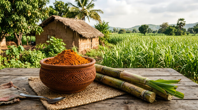 Ground turmeric powder in traditional clay bowl with fresh sugarcane stalks on rustic wooden table