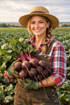 Smiling woman holding fresh beets in farm field