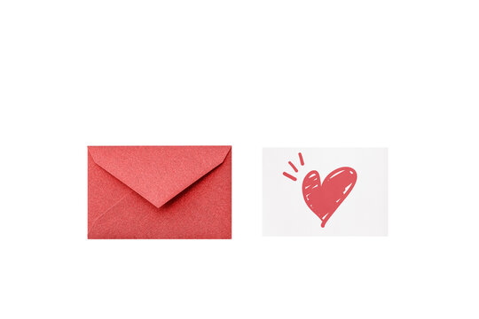 Seen from above: a closed red glitter envelope next to a message card with a hand-drawn white heart