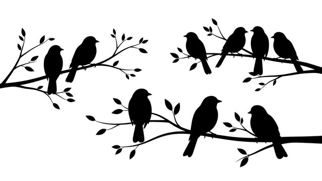 Black crows perched on bare branches isolated on a transparent background