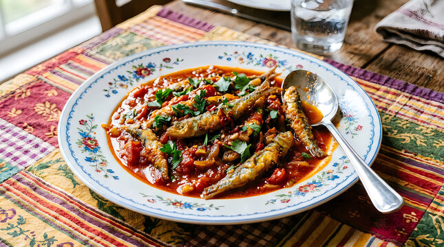 Traditional Mediterranean fish stew served in decorative ceramic bowl on colorful patterned tablecloth