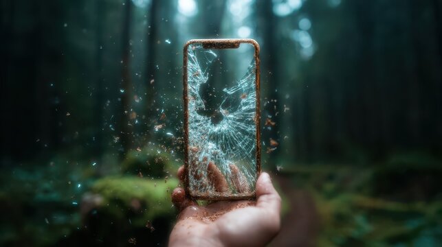 The striking image features a broken smartphone in a lush forest backdrop, symbolizing the disconnect from technology and nature&rsquo;s beauty while encouraging reflection.